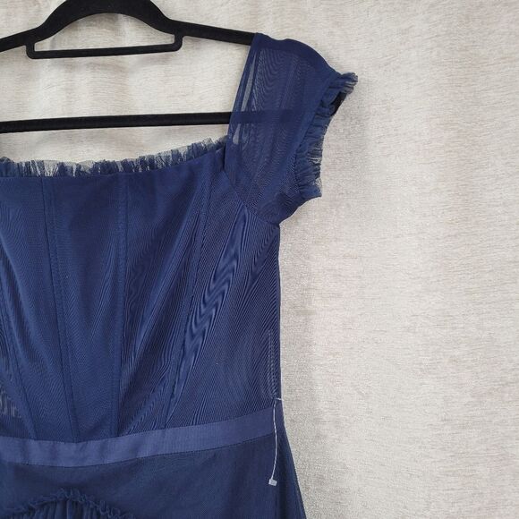 Betsy & Adam Navy Blue Off-Shoulder Formal See Through Corset Prom Dress - Picture 8 of 16